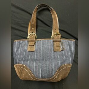 Y2K Coach Satchel Shoulder Bag. Denim Pinstripes & Brown Suade